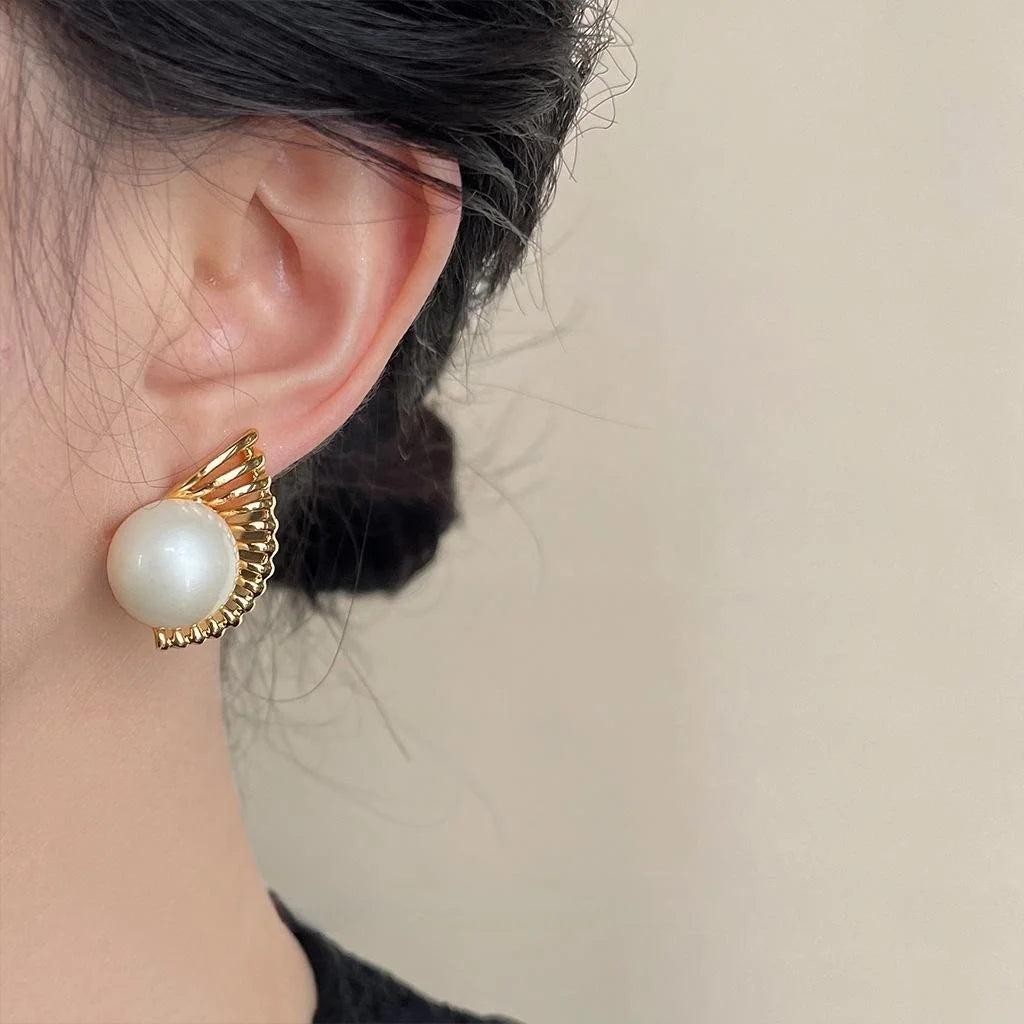 14K Gold Plated Copper Pearl Conch Geometric Hollow French Vintage Drop Earrings