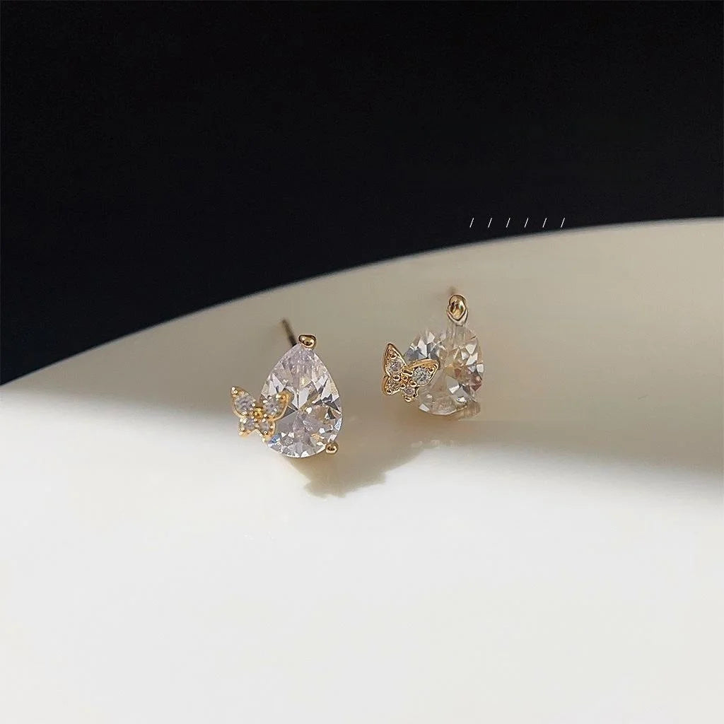 Sweet Butterfly Teardrop Zircon Copper Stud Earrings For Elegant Office Wear