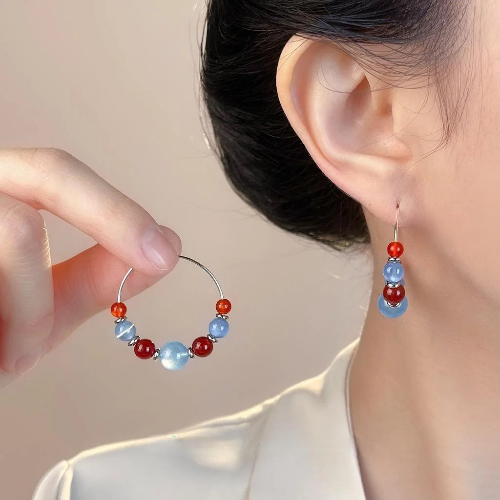 Handmade Copper Red Agate Glass Round Geometric Pastoral Drop Earrings
