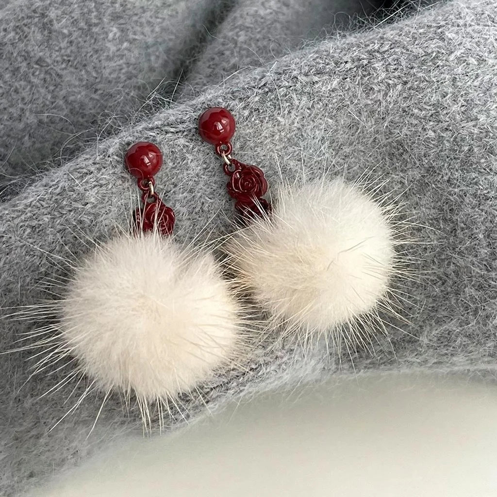 Burgundy Enamel Copper Flower Petal Pom Pom Drop Earrings Fashion OL Winter Jewelry