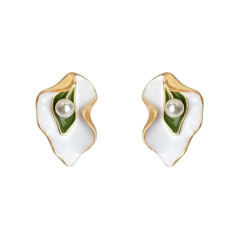 Light Luxury Enamel Leaf Stud Earrings With High Gloss Pearl Copper Floral Jewelry For Women