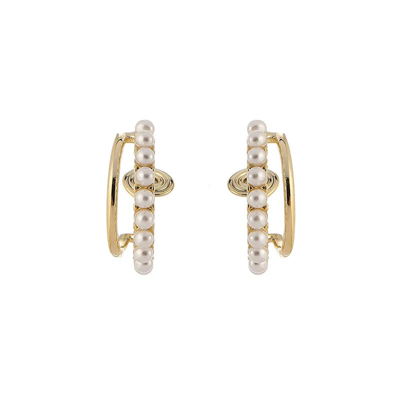 Elegant Korean C-Shaped Pearl Rhinestone Alloy Hoop Stud & Clip On No Piercing Jewelry Earrings