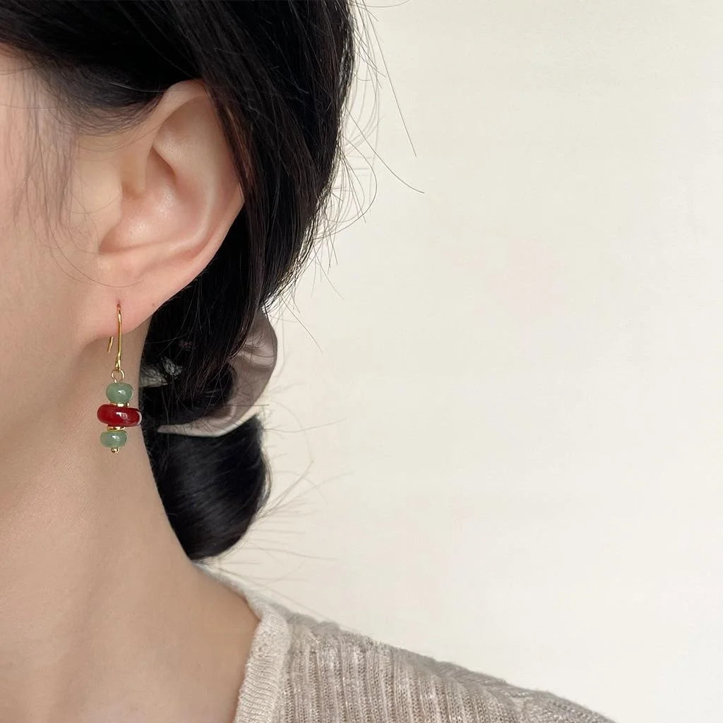 New Chinese Style Handmade Green Aventurine Natural Stone Geometric Round Drop Earrings