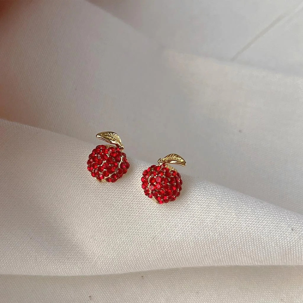 14K Plated Copper Red Apple Rhinestone Stud Earrings Creative Fruit Jewelry