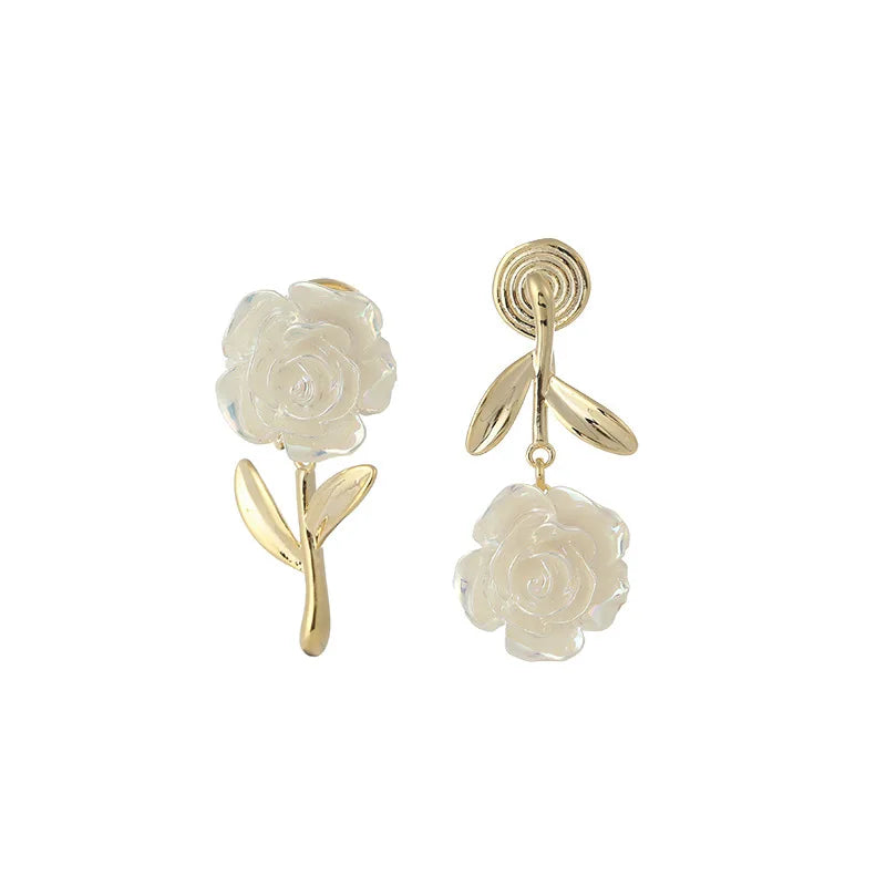 Elegant Asymmetric Mother Of Pearl Rose Flower Gold Alloy Leaf Stud & Clip On No Piercing Earrings