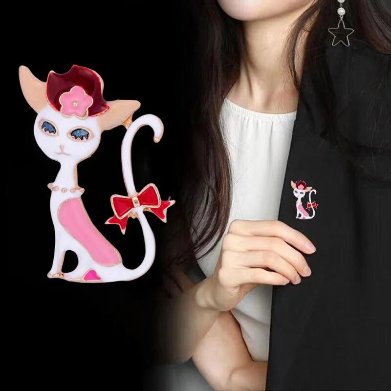 Cute Enamel Alloy Cat Brooch With Flower Hat And Bow, Cartoon Animal Lapel Pin Corsage Gift For Women