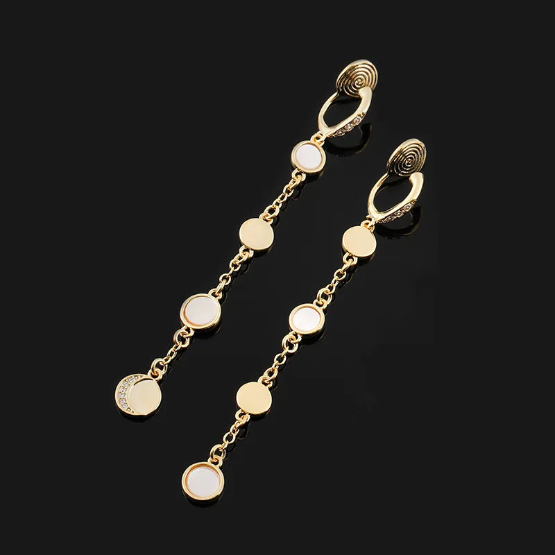 Elegant Shell Moon Disc Long Chain Tassel Gold Tone Alloy Rhinestone Stud & Clip On No Piercing Earrings