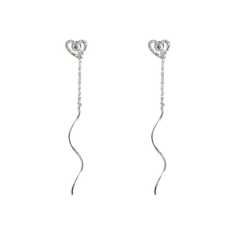 Two Way Copper Hollow Heart Chain Tassel Drop Earrings Sweet Geometric Wave Design
