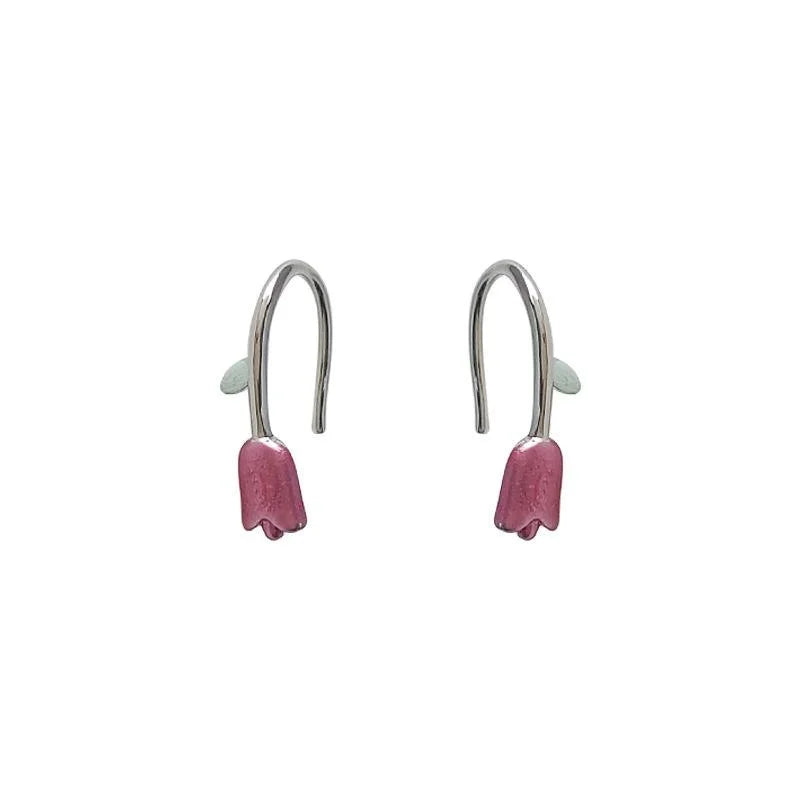 Silver Tulip Flower Copper Drop Earrings Forest Style Sweet Floral Jewelry
