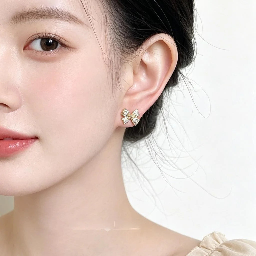 Light Luxury Micro Pave Zircon Bow Stud Earrings Eco-Friendly Copper Cute Minimalist Jewelry