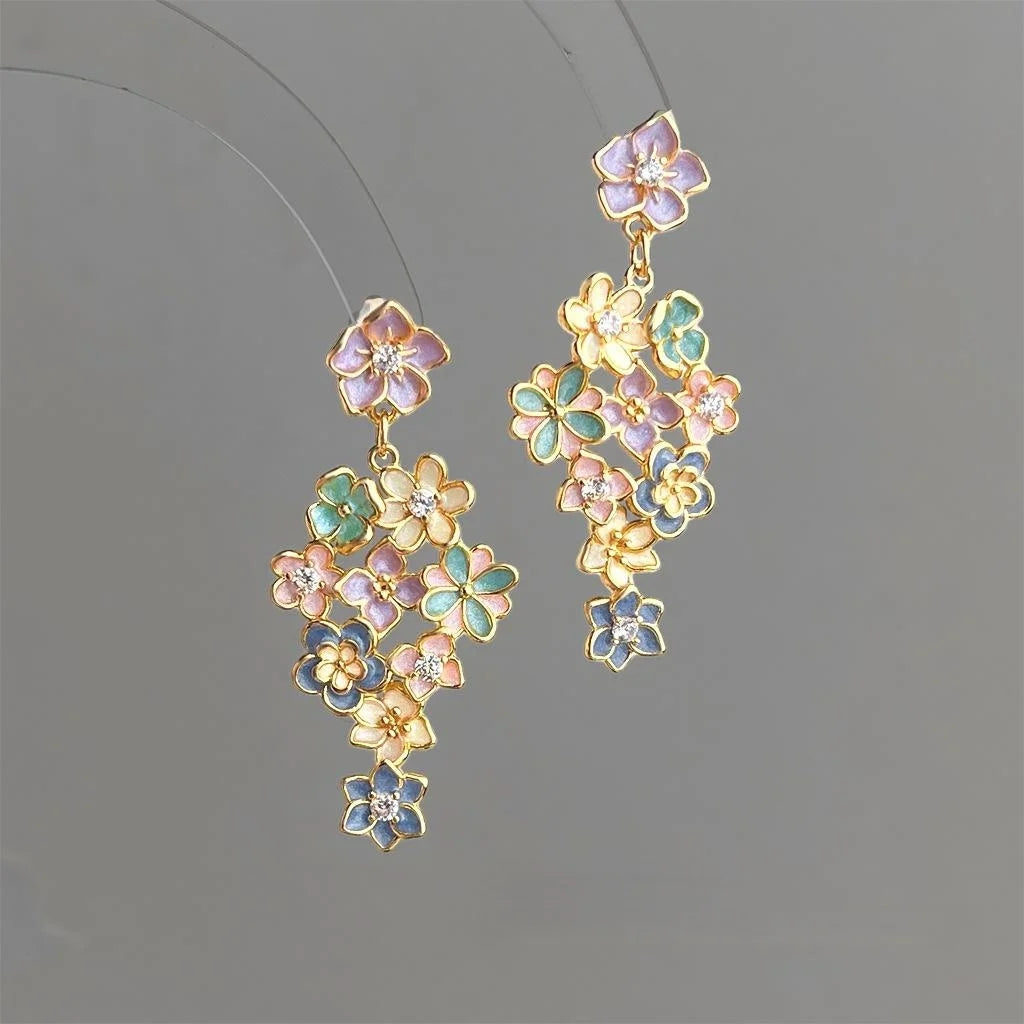 Copper Zircon Painted Enamel Flower Tassel Drop Earrings, Elegant Resort Style