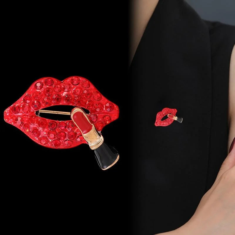 Elegant Red Lips And Lipstick Rhinestone Enamel Brooch, Creative Fashion Lapel Pin Suit Accessory Gift
