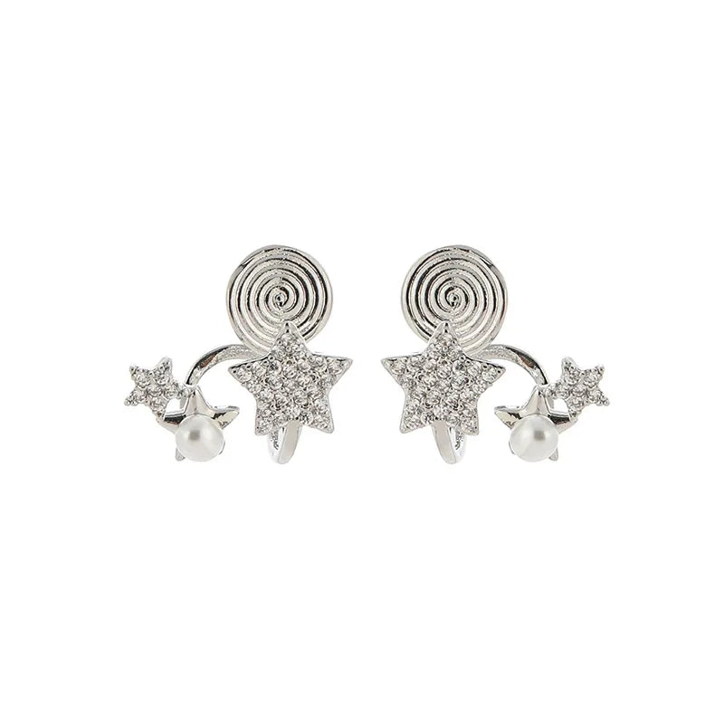 Elegant Star Zircon Pearl Spiral Alloy Stud & Clip On No Piercing Versatile Fashion Women's Earrings