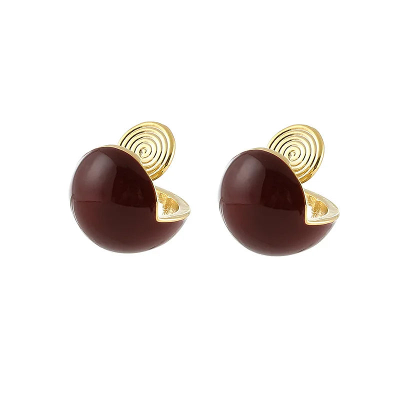 Elegant Vintage Burgundy Enamel Round Ball Alloy Spiral Disc Stud & Clip On No Piercing Earrings