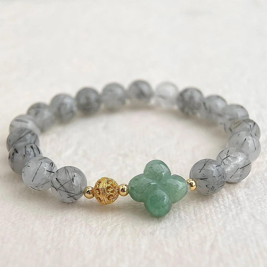 Vintage Ethnic Natural Stone Black Rutilated Quartz Aventurine Crystal Beaded Bracelet