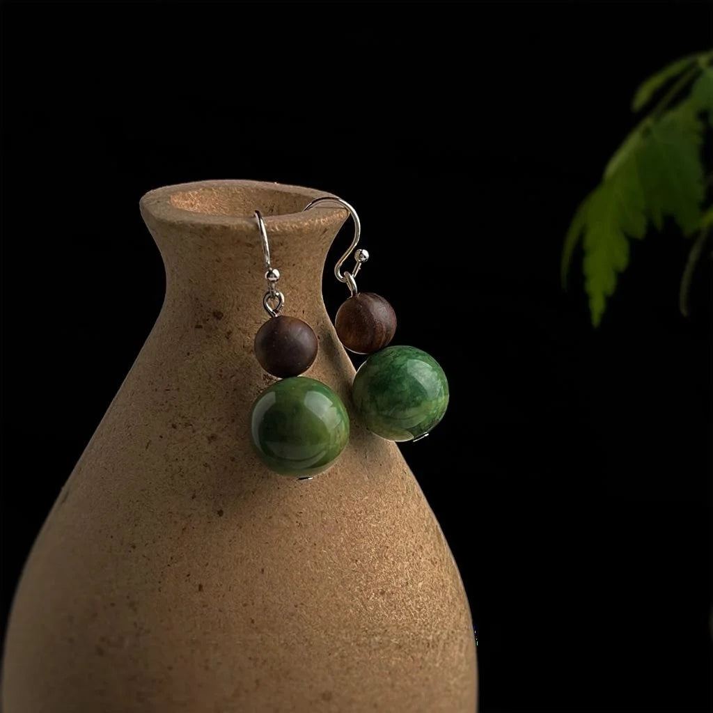 Vintage Chinese Style Meiling Mine Turquoise Round Geometric Drop Earrings Handmade Palace Jewelry