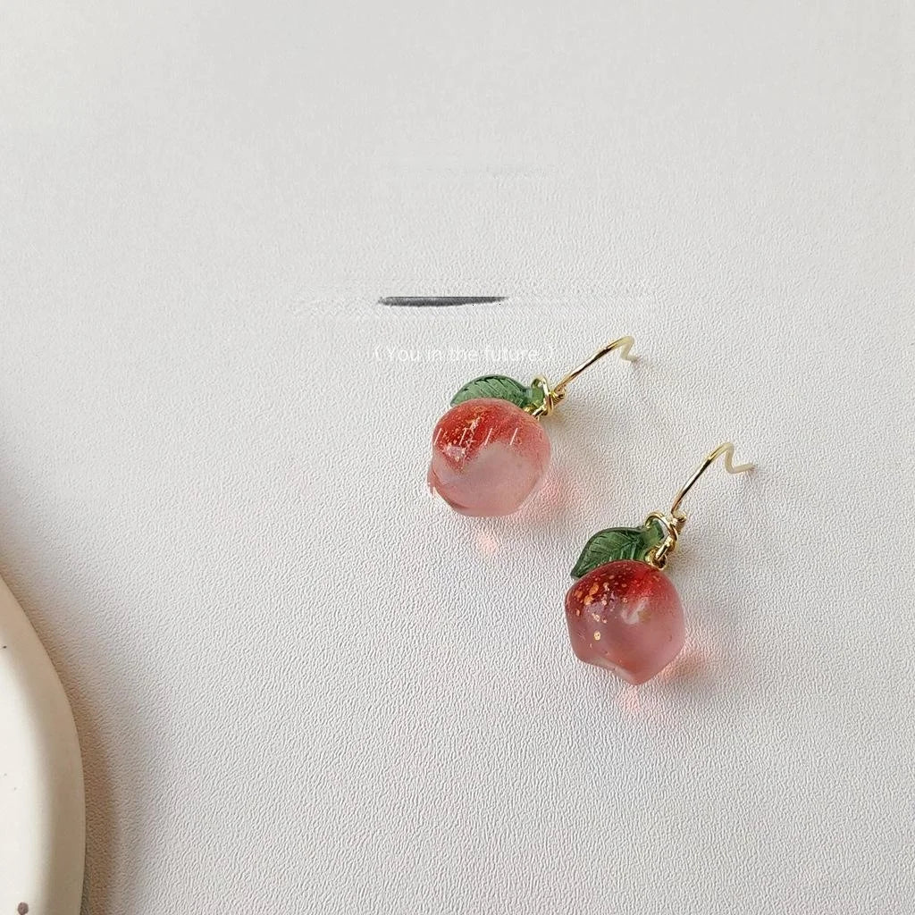 Pink Glazed Glass Peach Drop Earrings With Silver Plated Pins, Handmade Sweet Cute Jewelry