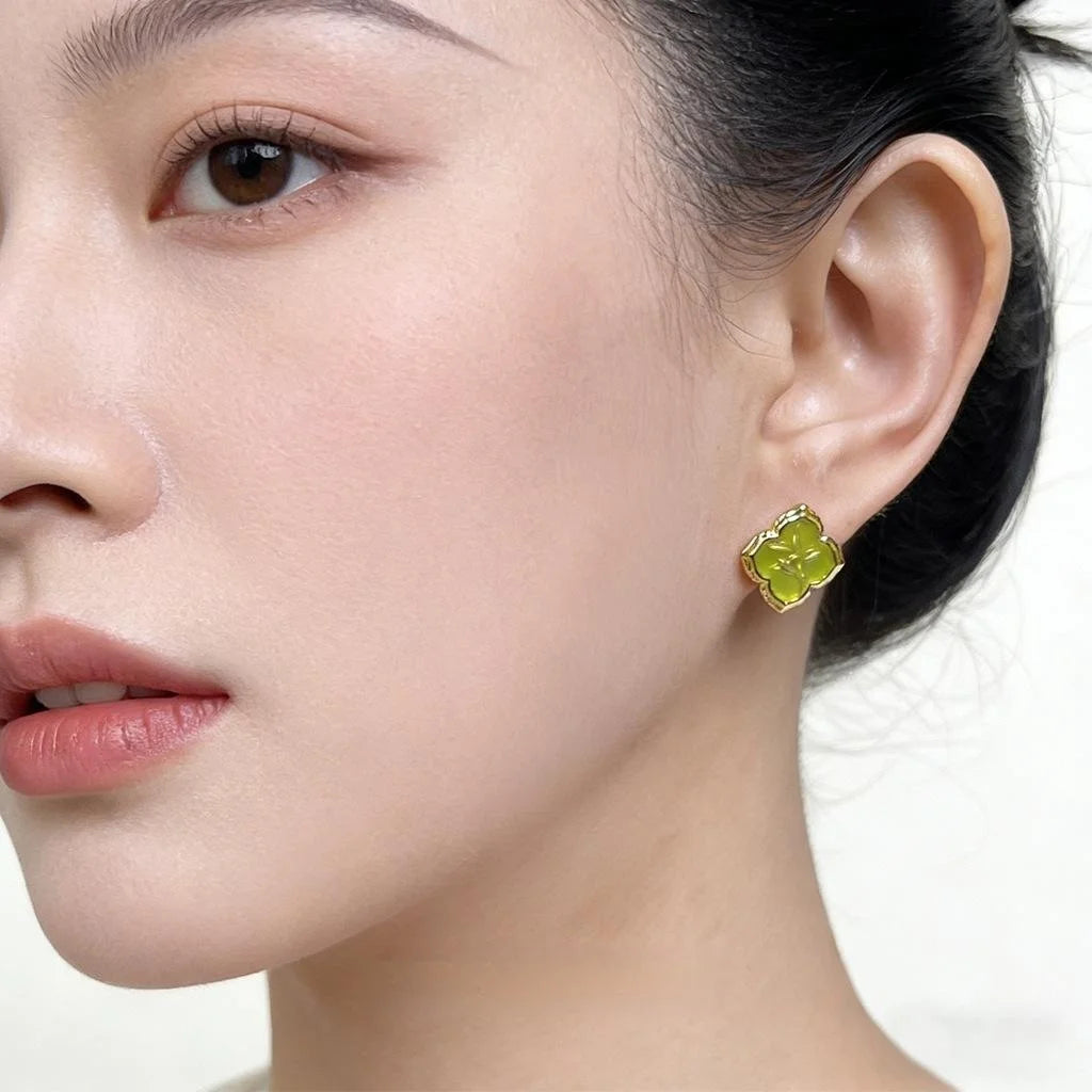 Grass Green Geometric Floral Leaf Stud Earrings Eco Copper New Chinese Fresh Style