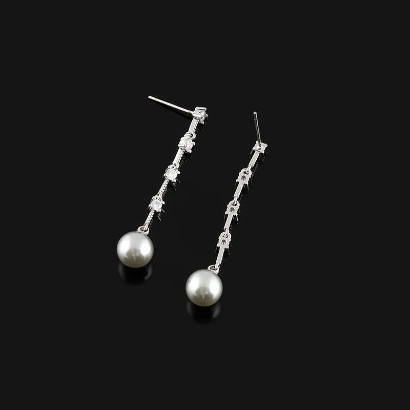 Elegant Long Tassel Grey Pearl Zircon Drop Stud & Clip On No Piercing Face Slimming Earrings