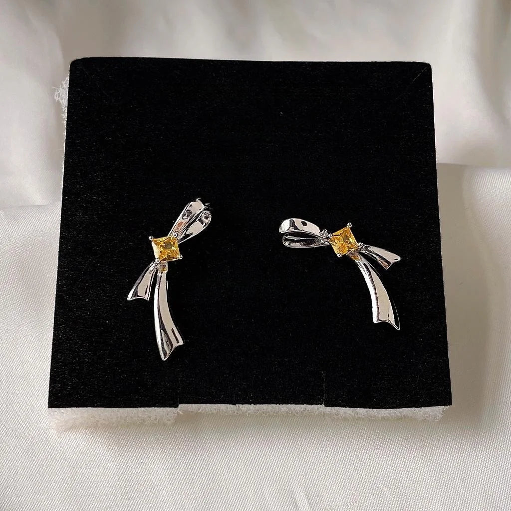 Sweet Cool Silver Bow Stud Earrings Copper Micro Pave Zircon Fashion Jewelry