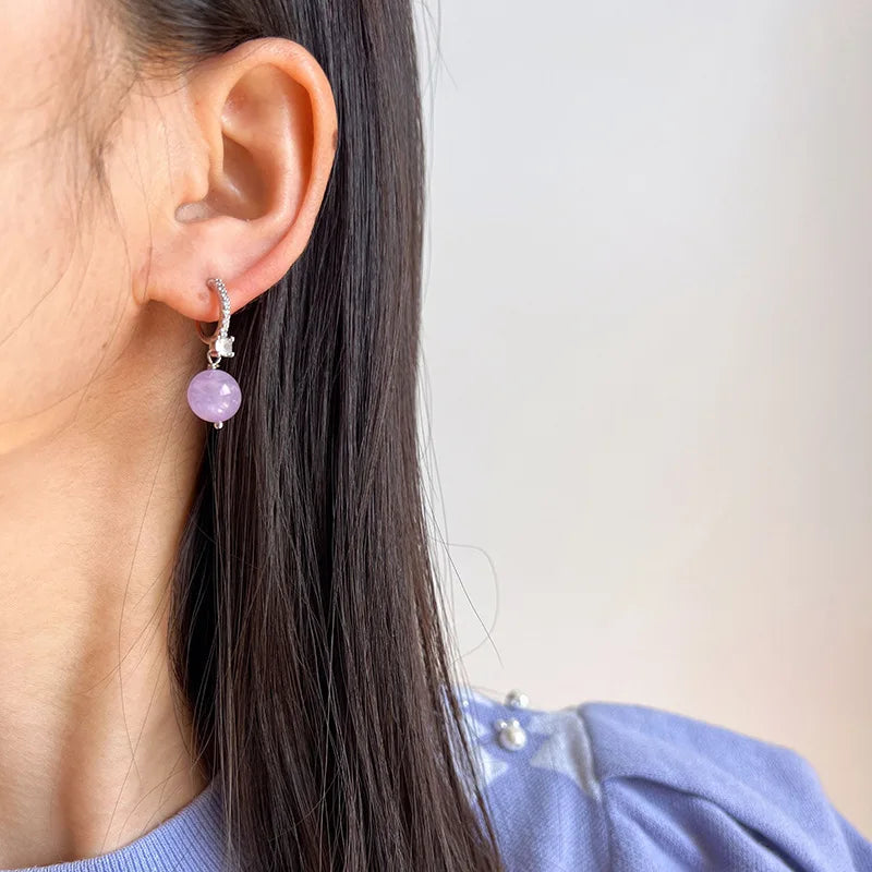 Elegant Purple Amethyst Round Bead Drop Alloy Zircon Stud & Clip On No Piercing Dangle Earrings