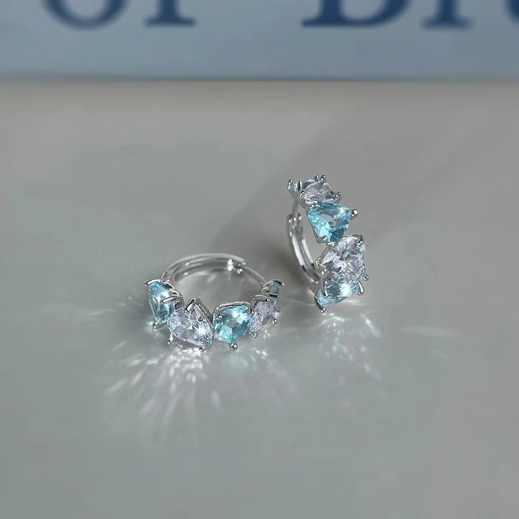 Sweet Heart Shaped Blue Zircon Drop Earrings Summer Vacation Style Elegant Jewelry