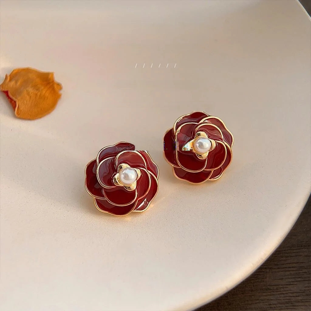 Hong Kong Style Vintage Burgundy Enamel Flower 14K Gold Plated Copper Stud Earrings