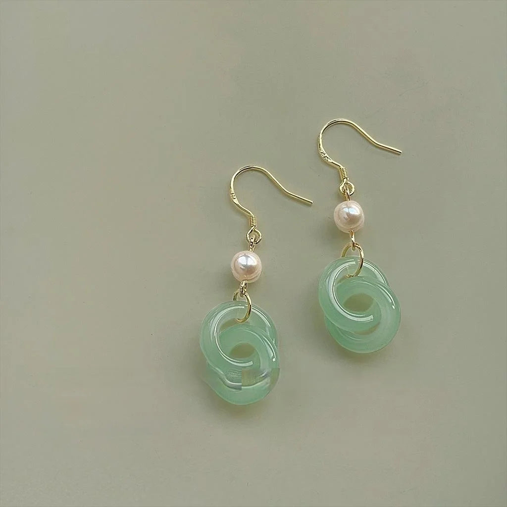 Freshwater Pearl Geometric Tassel Drop Earrings Light Jade Vintage Handmade Jewelry For Women
