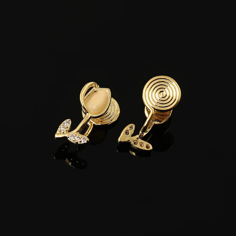 Elegant Gold Alloy Cat Eye Tulip Flower Rhinestone Stud & Clip On No Piercing French Earrings