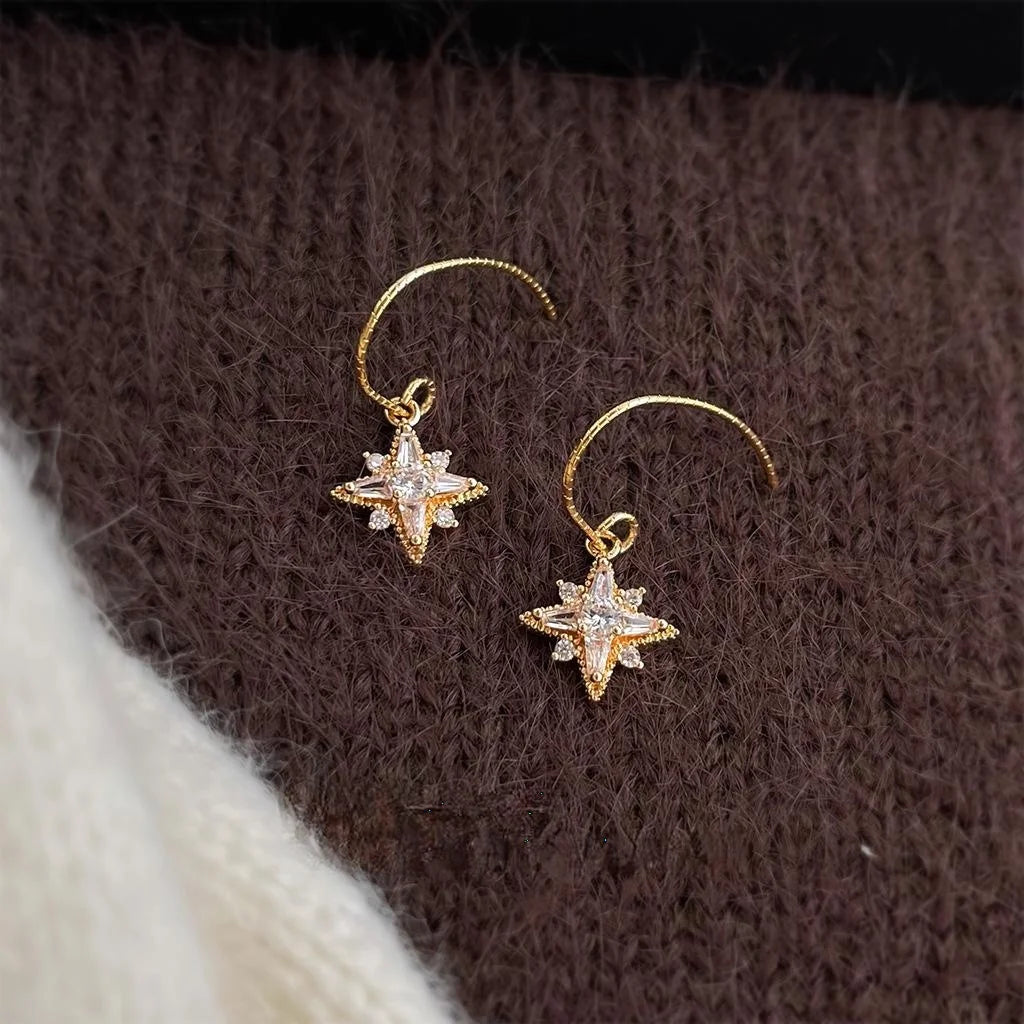 Micro Pave Zircon Star Copper Drop Earrings Light Luxury Minimalist Commuter Jewelry