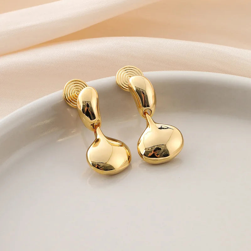 Elegant Gold Alloy Smooth Bean Drop Pendant Stud & Clip On No Piercing Minimalist Dangle Earrings