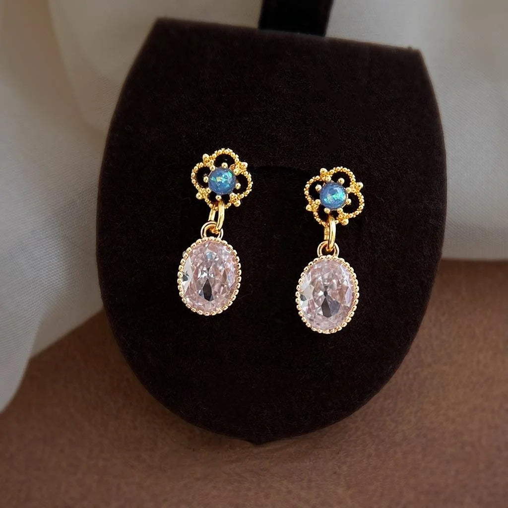 Light Luxury Copper Inlaid Zircon Resin Oval Geometric Floral Drop Earrings For Women