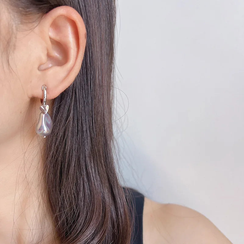 Elegant Grey Faux Baroque Pearl Heart Dangle Stud & Clip On No Piercing Alloy Hoop Earrings