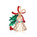 Elegant Christmas Bell Brooch With Enamel Holly Bow And Rhinestones, Alloy Lapel Pin Corsage Gift