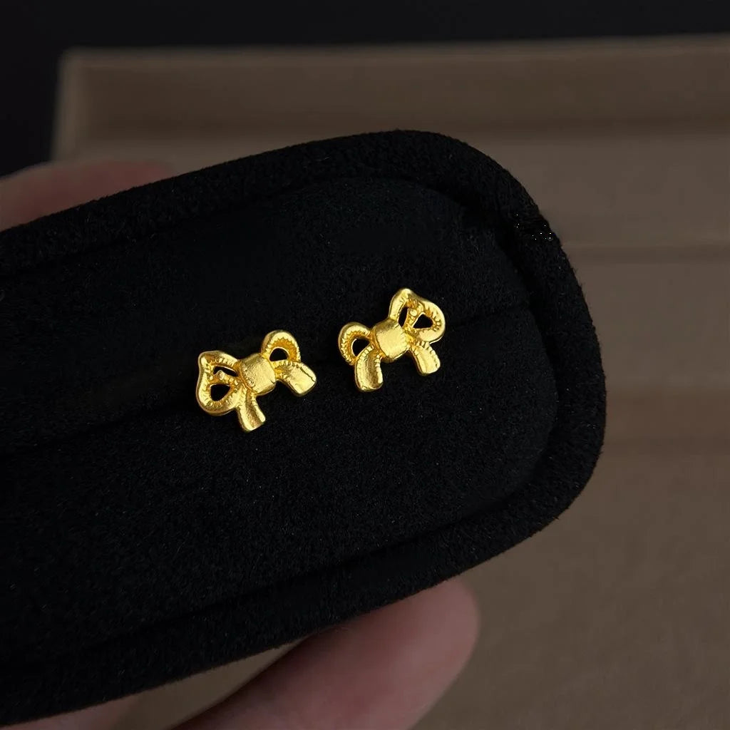 Matte Gold Eco-Friendly Copper Bow Stud Earrings, Minimalist Versatile Women's Jewelry
