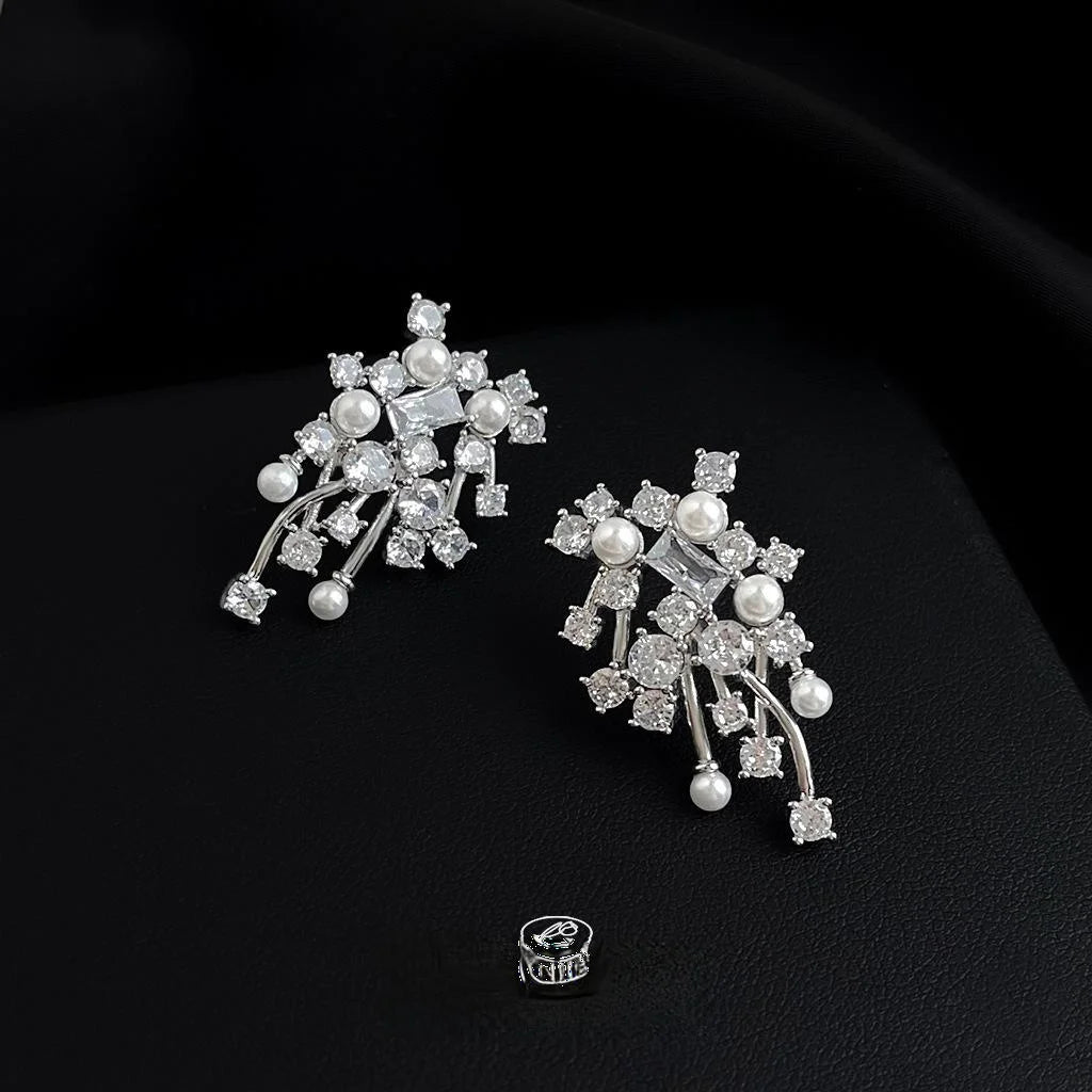 Light Luxury Copper Drop Earrings With Micro Pave Zircon Floral Geometric Silver Plated Pins