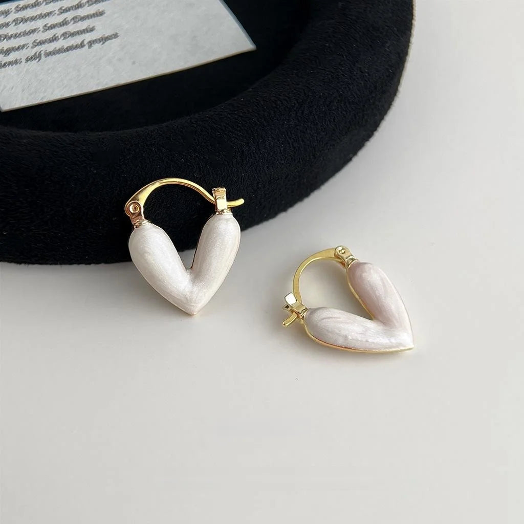 French Elegant White Heart Drop Earrings, Copper Minimalist Small Daily Jewelry