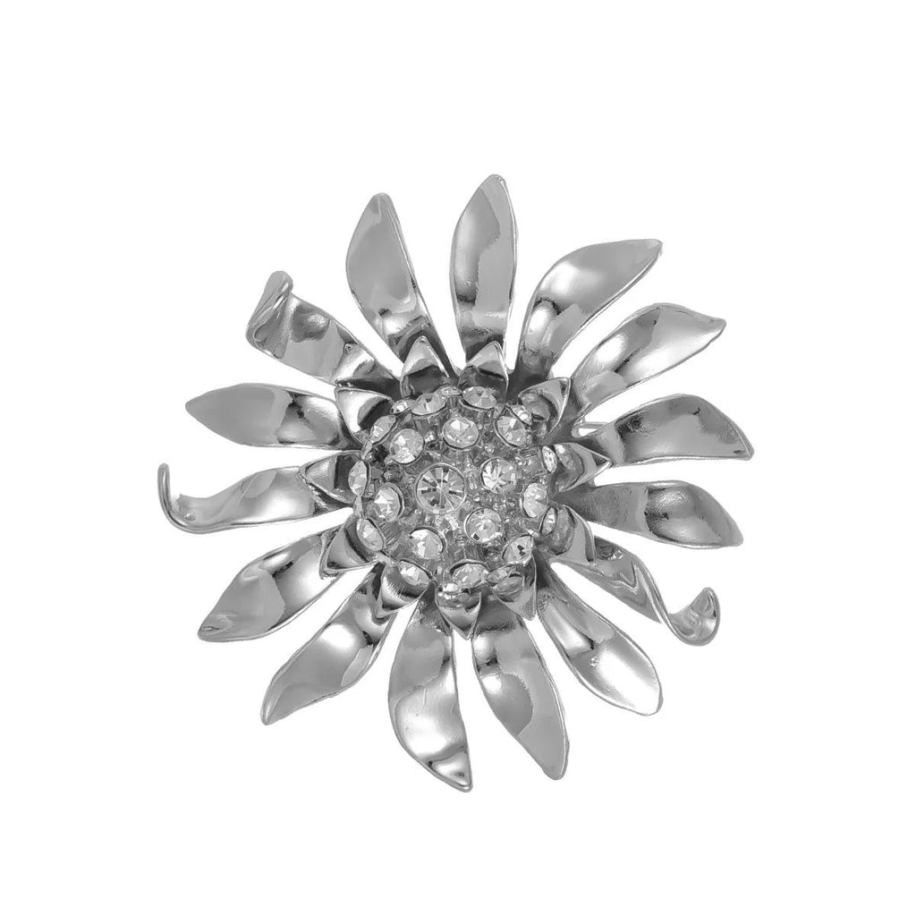 Luxury Silver Alloy Sunflower Rhinestone Brooch, Elegant Large Flower Lapel Pin Corsage Suit Accessory