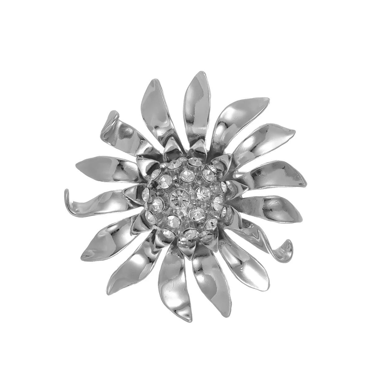 Luxury Silver Alloy Sunflower Rhinestone Brooch, Elegant Large Flower Lapel Pin Corsage Suit Accessory