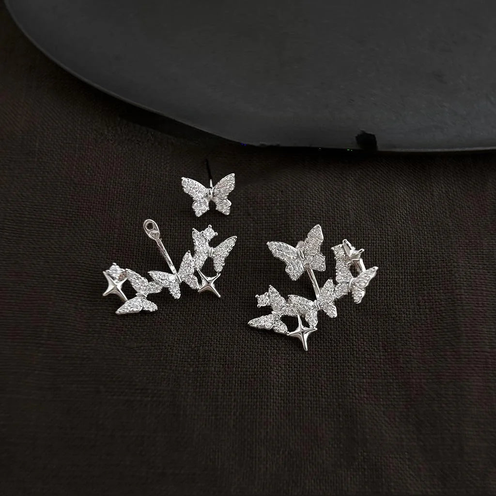 French Vintage Micro Pave Zircon Butterfly Drop Earrings Copper Convertible Elegant Jewelry