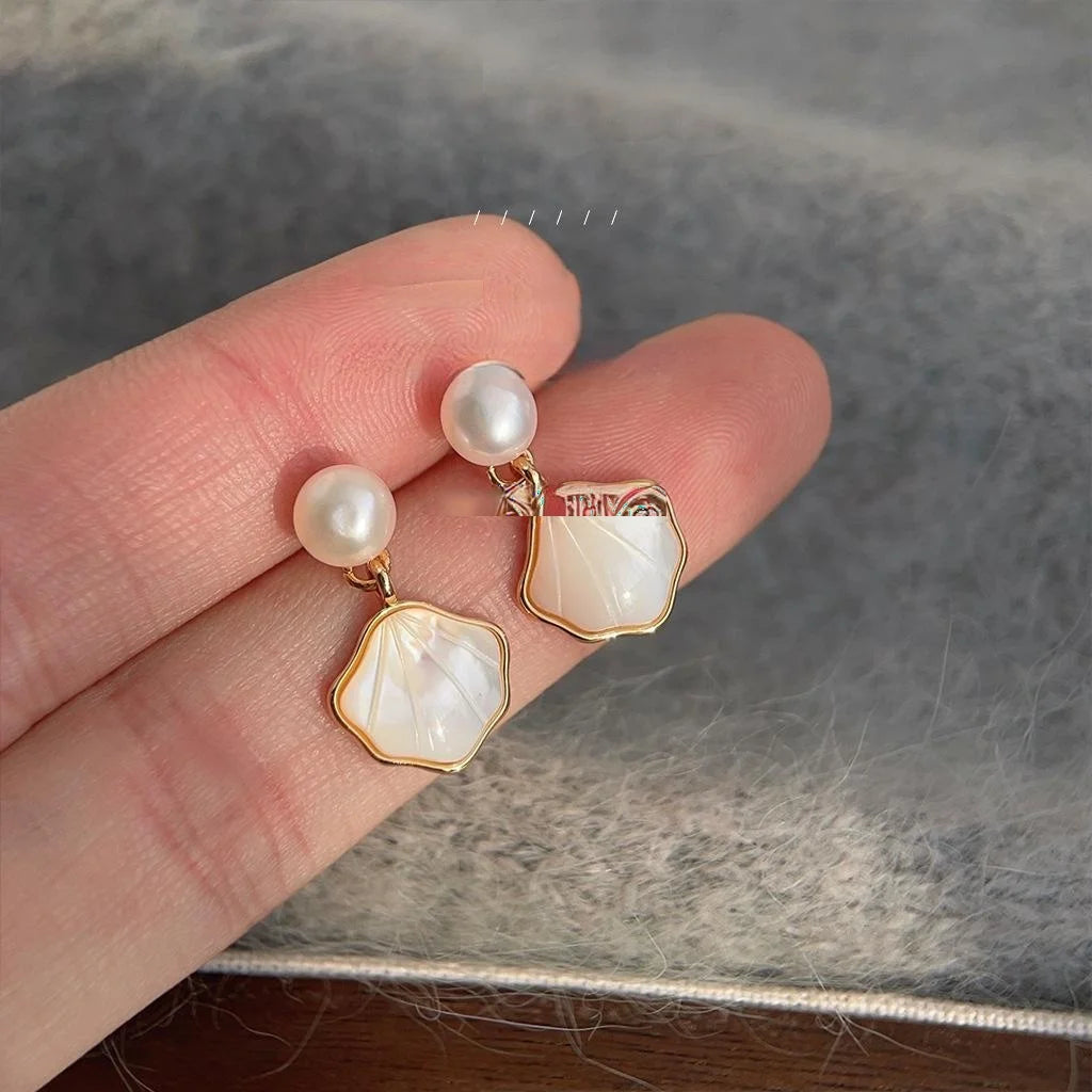 Freshwater Pearl Shell Geometric Stud Earrings French Vintage 14K Plated Jewelry