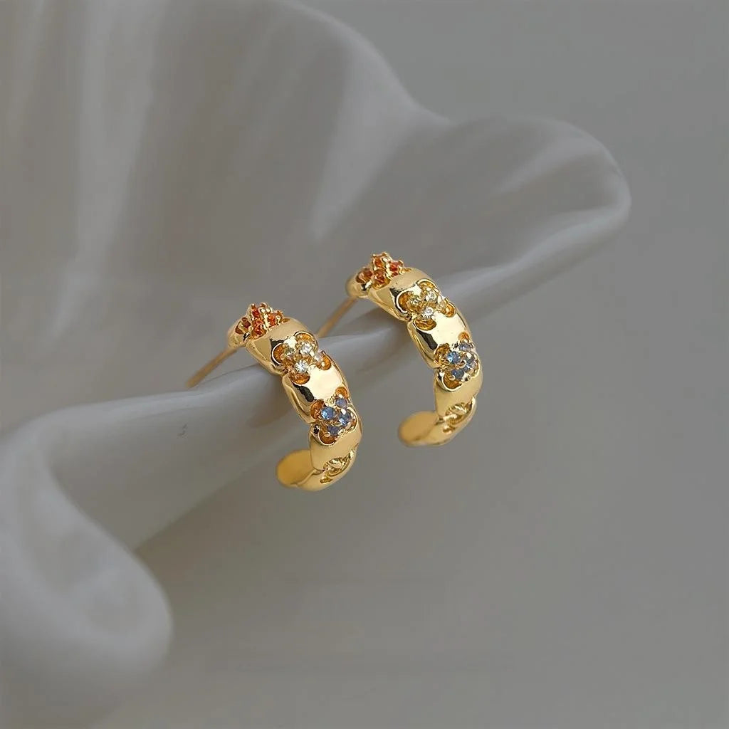 Elegant Geometric Zircon Copper Drop Earrings, Light Luxury Floral Style