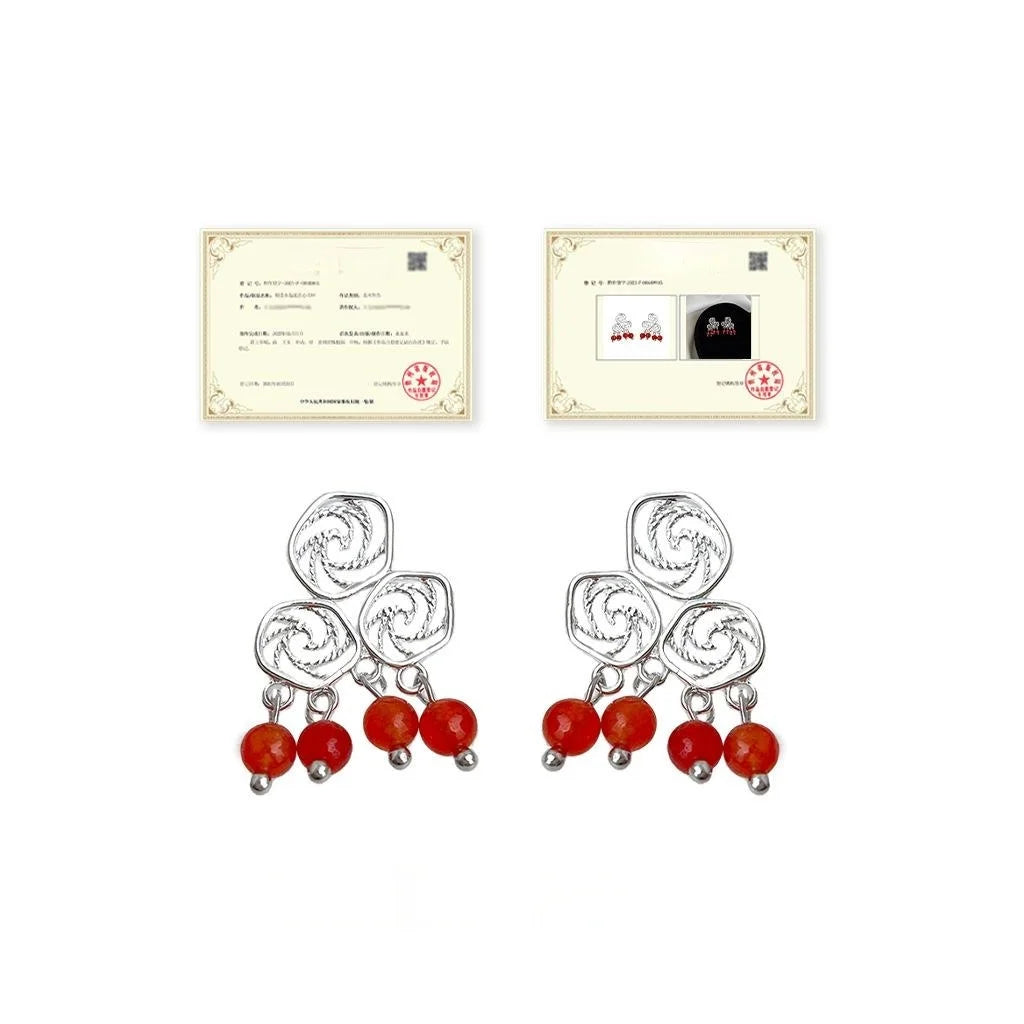 Vintage Ethnic Red Agate Drop Earrings Copper Hollow Geometric Auspicious Cloud