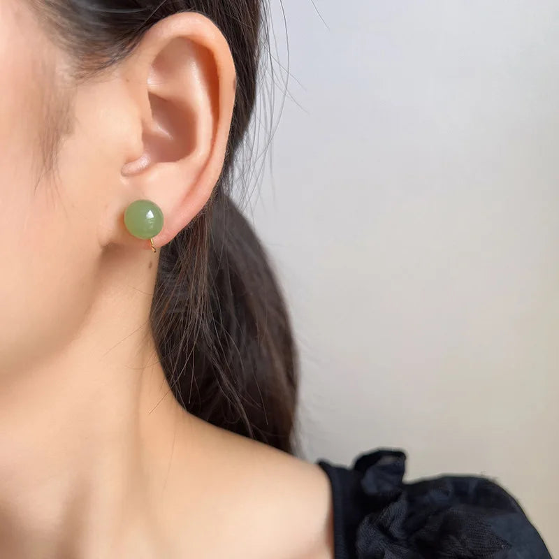 Minimalist Vintage Gold Alloy Spiral Disc With Natural Agate Ball Stud & Clip On No Piercing Earrings