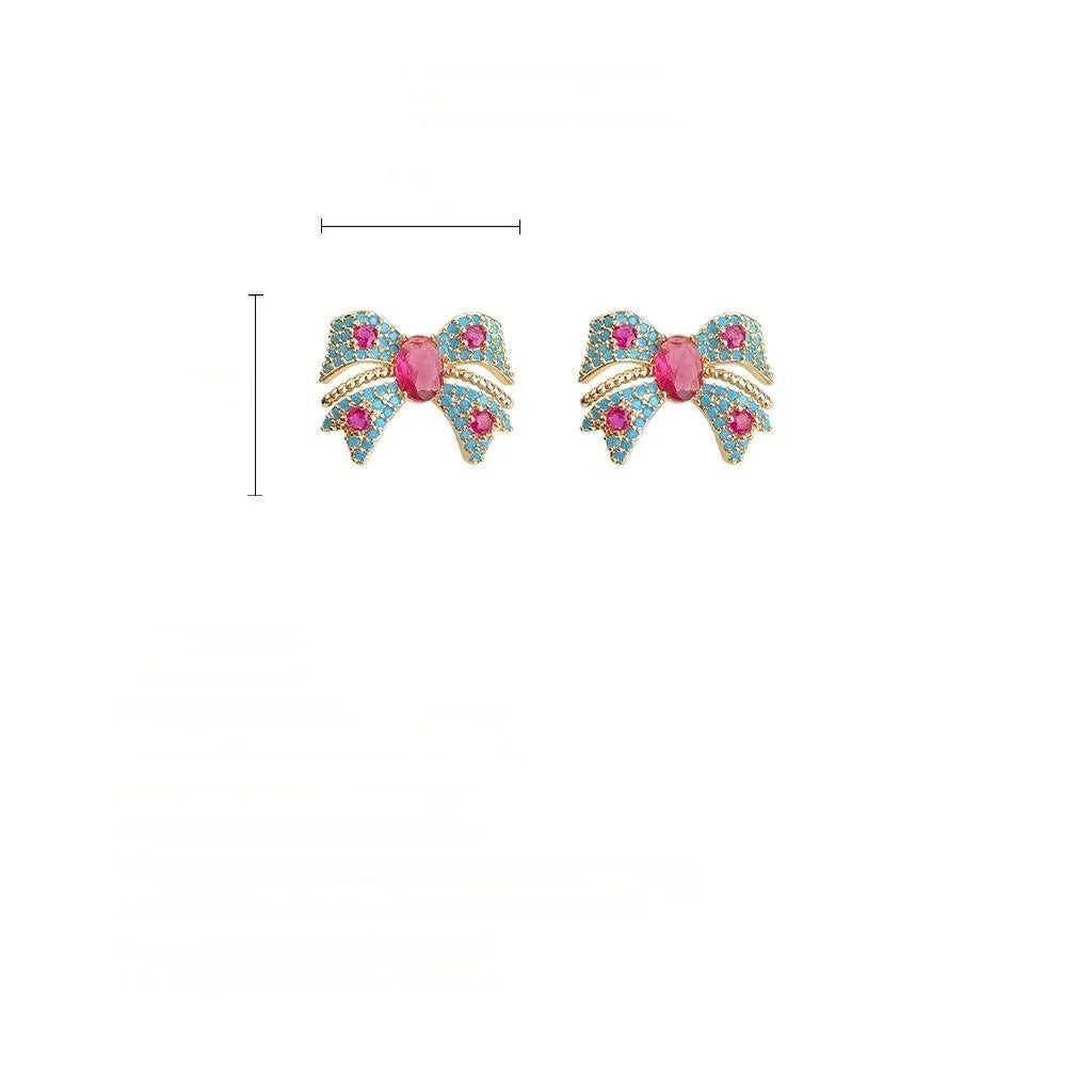 14K Plated Copper Blue Bow Stud Earrings With Micro Pave Zircon