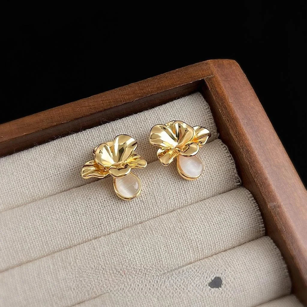 14K Plated Copper Flower Glass Cat Eye Stone Stud Earrings Light Luxury 3D Floral Jewelry