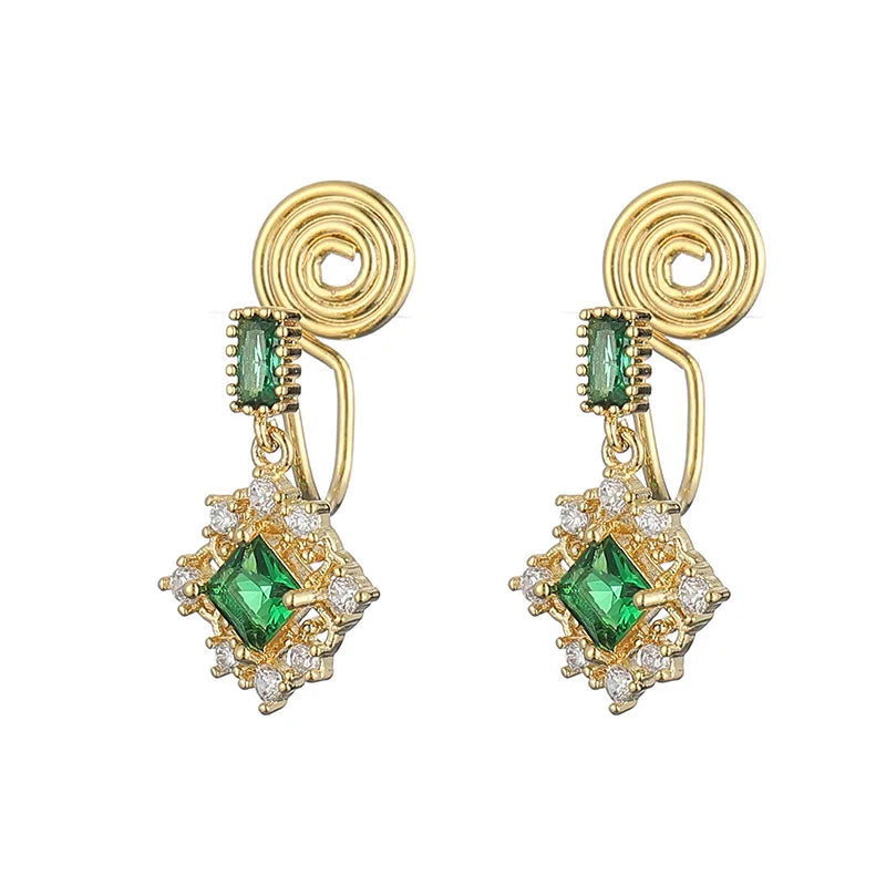 Luxury Green Zircon Spiral Disc Rhombus Drop Stud & Clip On No Piercing Rhinestone Earrings