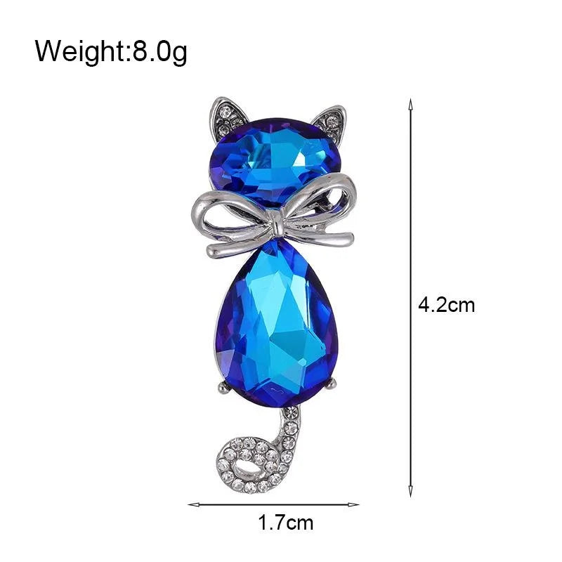 Cute Blue Crystal Cat Brooch With Rhinestone Tail, Elegant Alloy Lapel Pin Corsage Suit Accessory Gift