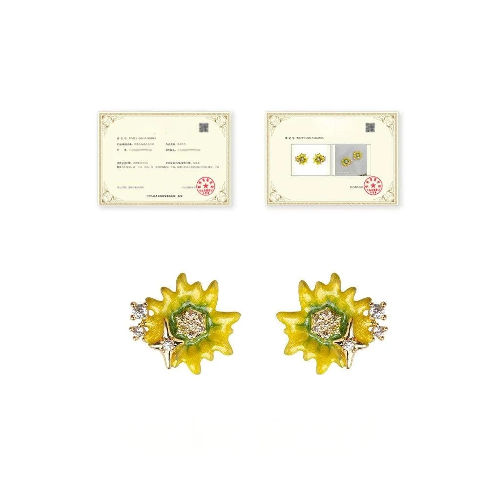 Luxury 14K Gold Plated Copper Zircon Enamel Sunflower Stud Earrings