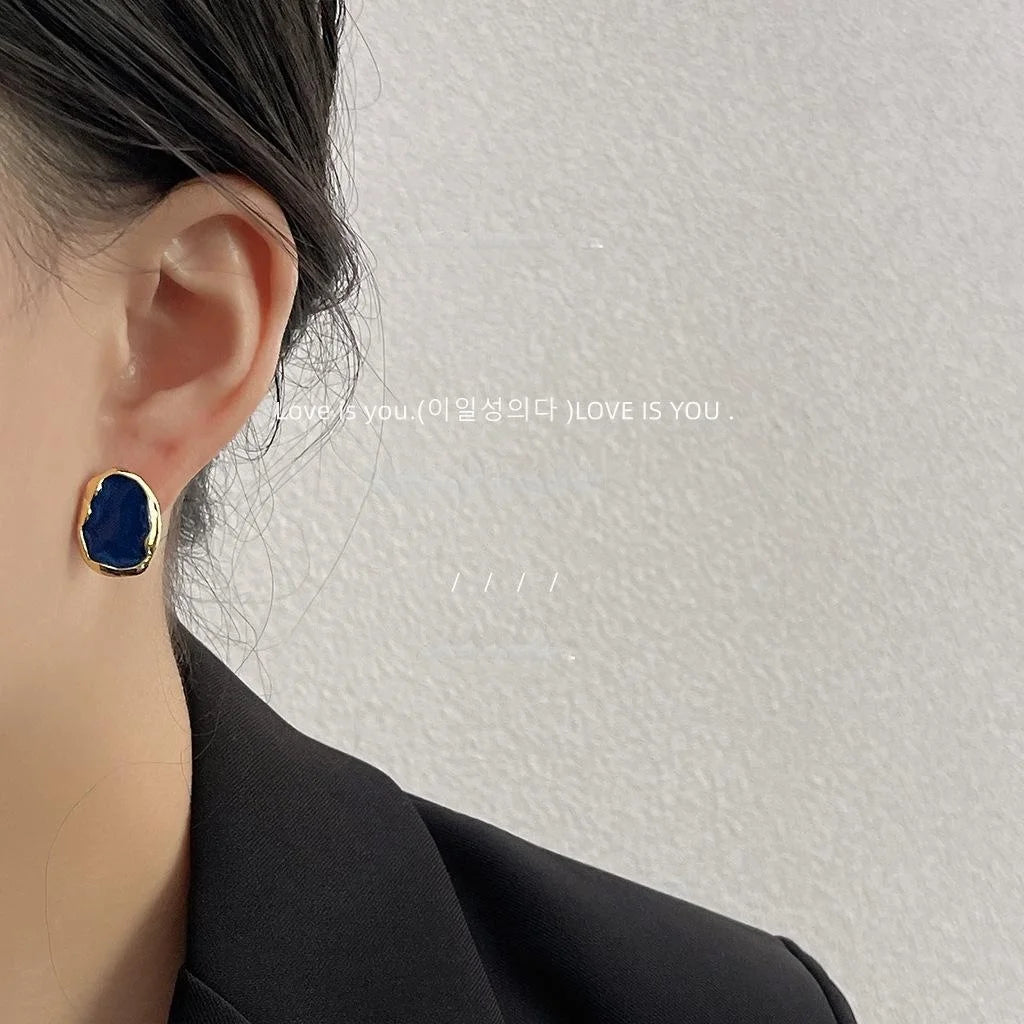 Haze Blue 14K Plated Metal Geometric Oval Enamel Stud Earrings For Women